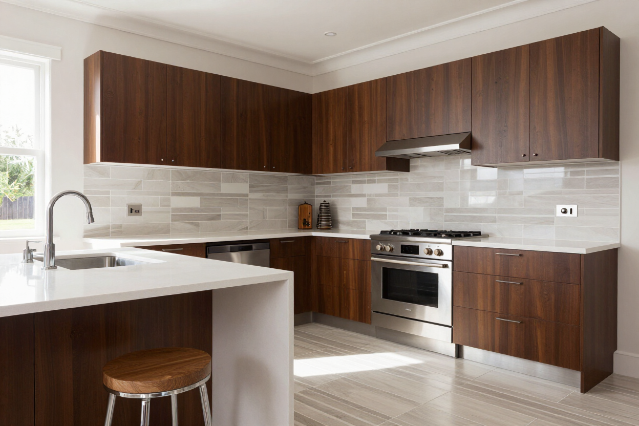 Beautifully renovated open-plan kitchen with new tiles and cabinetry