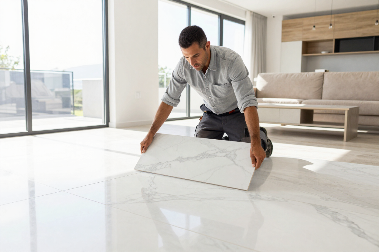 Contractor laying large-format porcelain tiles in a modern living room