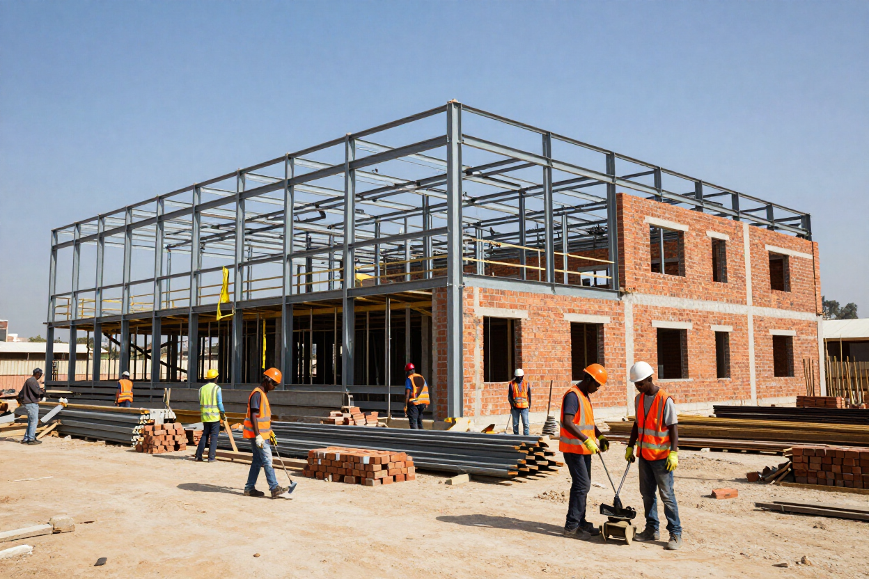 Commercial building under construction with steel framework and brickwork