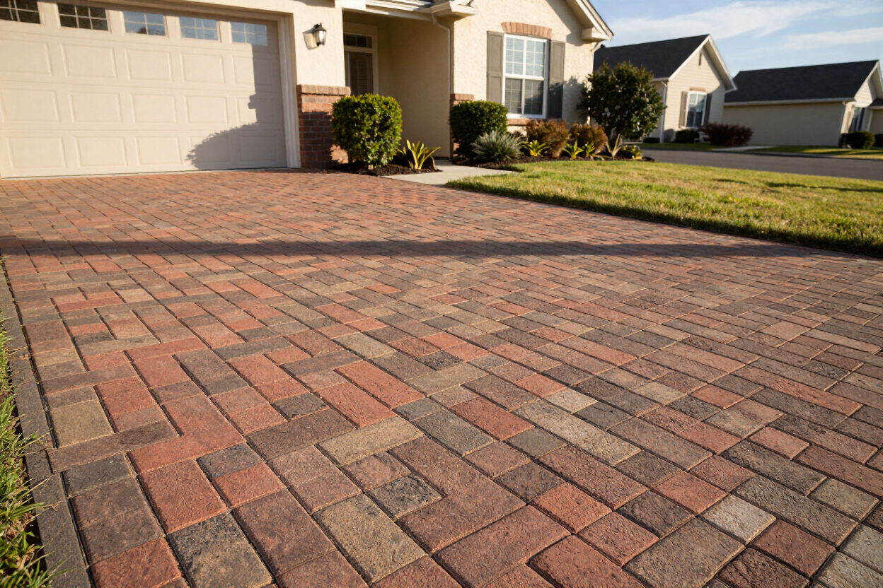 Freshly laid brick paving driveway at a suburban home
