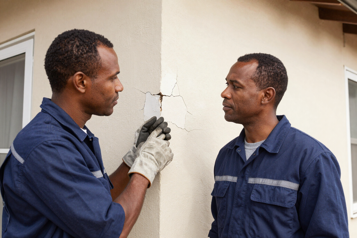 André van Staden inspecting a cracked wall on a residential property