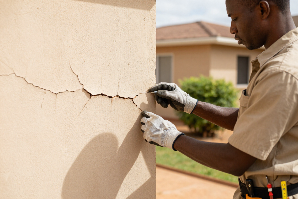 Cracked exterior wall being assessed