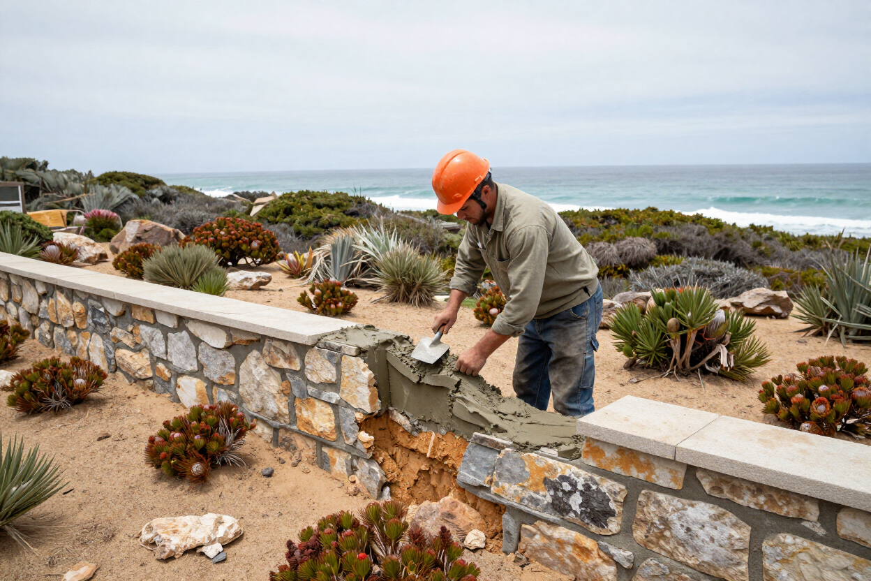 Tradesman repairing a retaining wall on a residential property