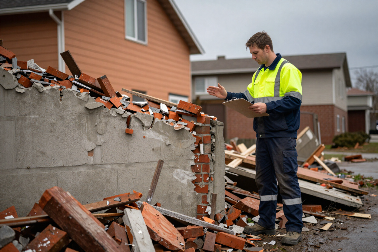 Tradesman assessing post-storm damage to a residential property