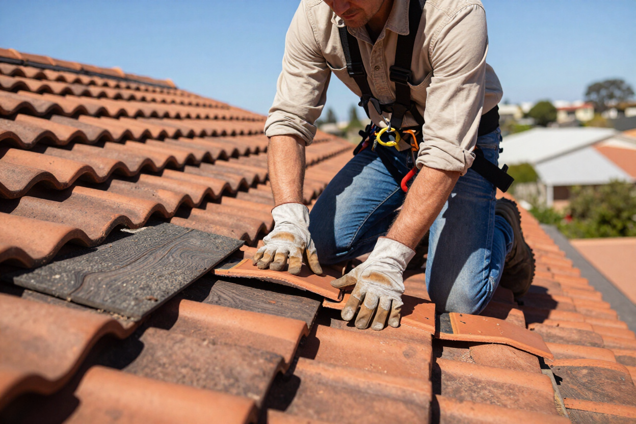Roofer repairing roof tiles on a residential home