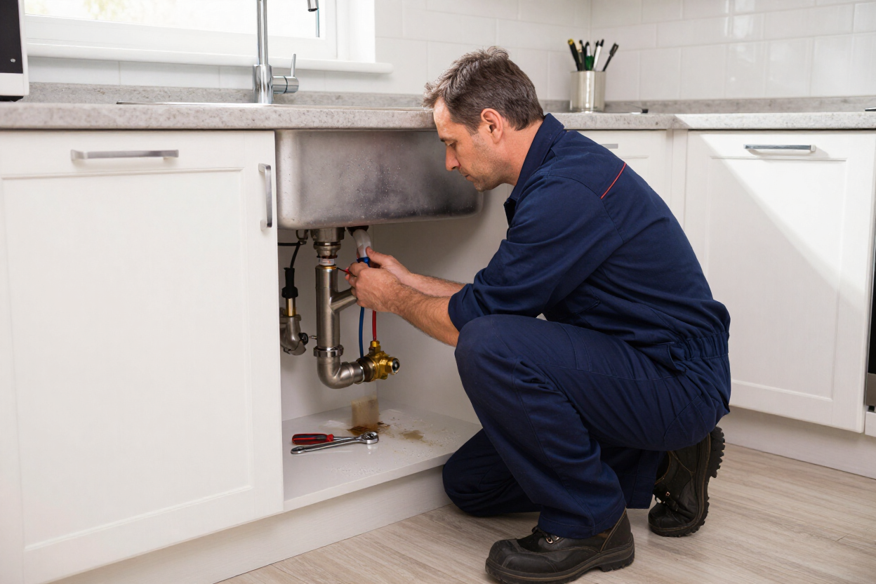 Plumber repairing burst pipe under a kitchen sink