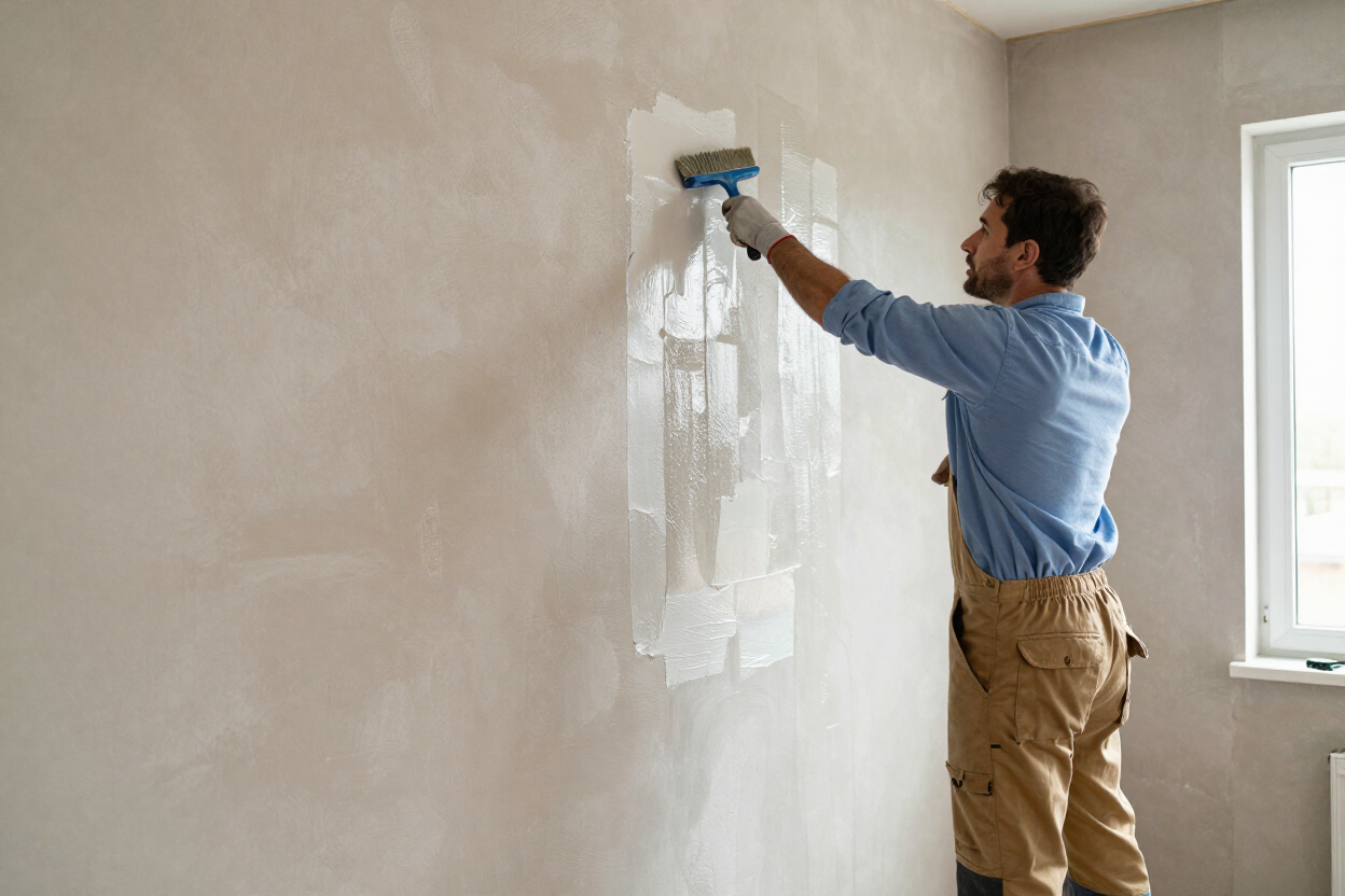 Damp wall being treated with waterproofing membrane