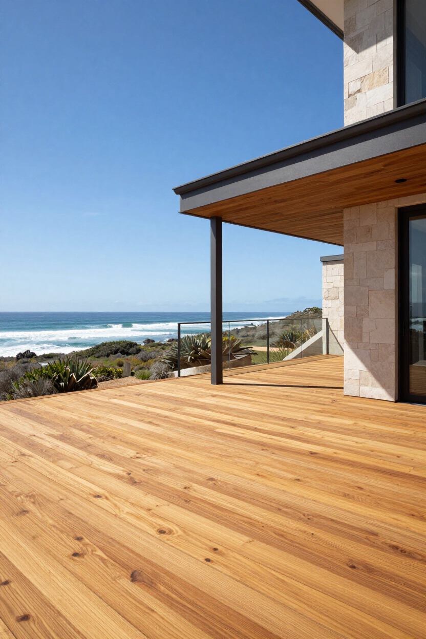 Newly completed timber deck on a coastal home in the Garden Route with ocean views