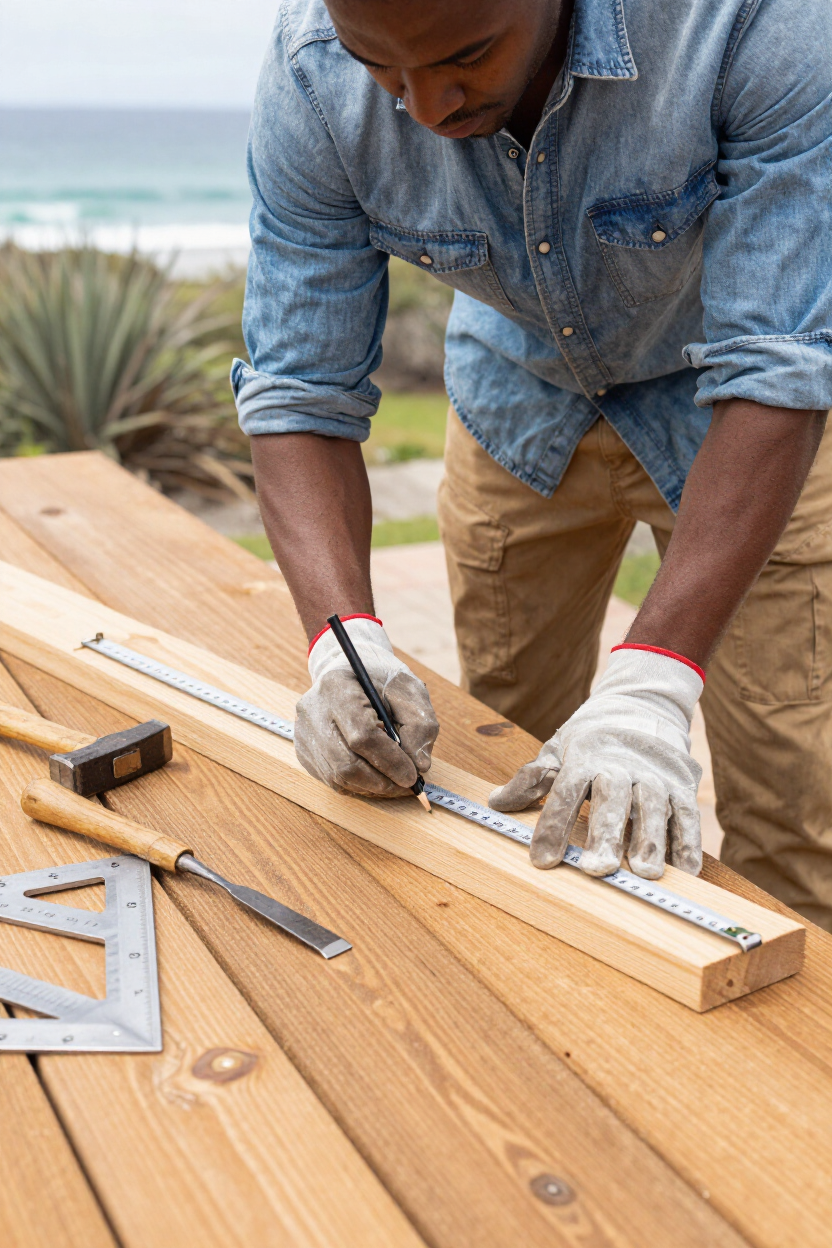 Carpenter measuring and marking deck boards on a coastal property in bright daylight