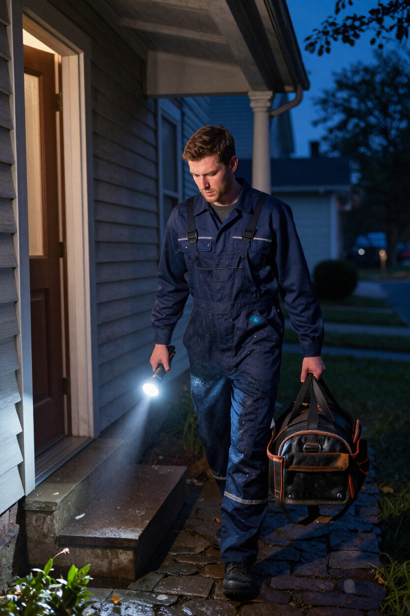 Emergency plumber arriving at residential property at night in Stilbaai