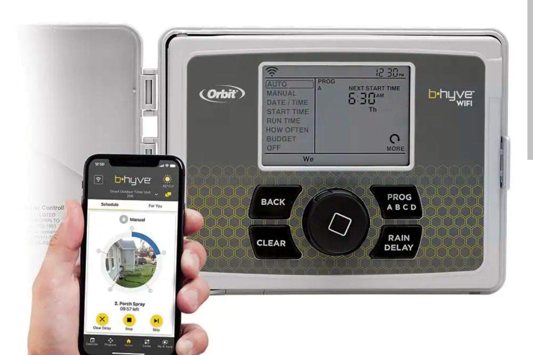 Handheld app controlling a silver Orbit sprinkler timer displaying a watering schedule