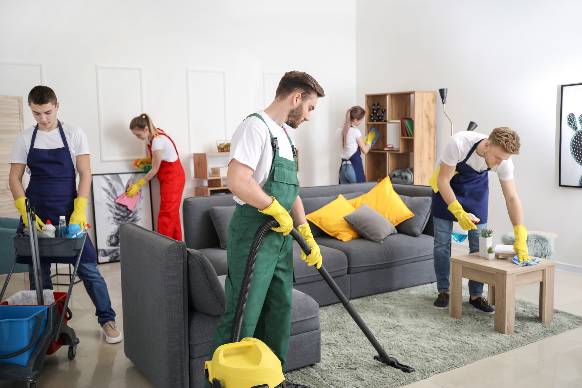 A group of people are cleaning a living room.