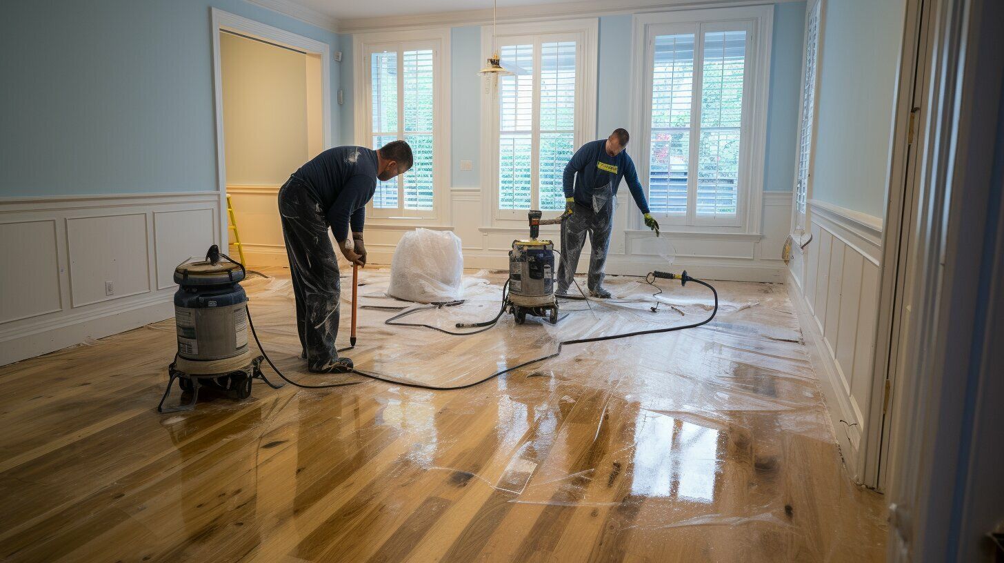 Two men are working on a wooden floor in a living room.