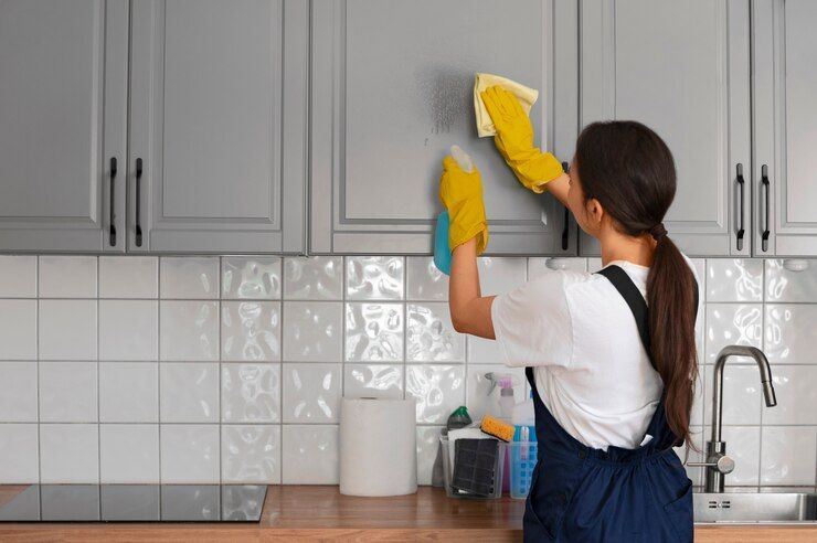 A woman is cleaning the cabinets in a kitchen with a sponge.