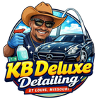 Logo for KBDeluxe Detailing, showing a cowboy-hatted detailer, spray bottle, and black Mercedes in St. Louis.