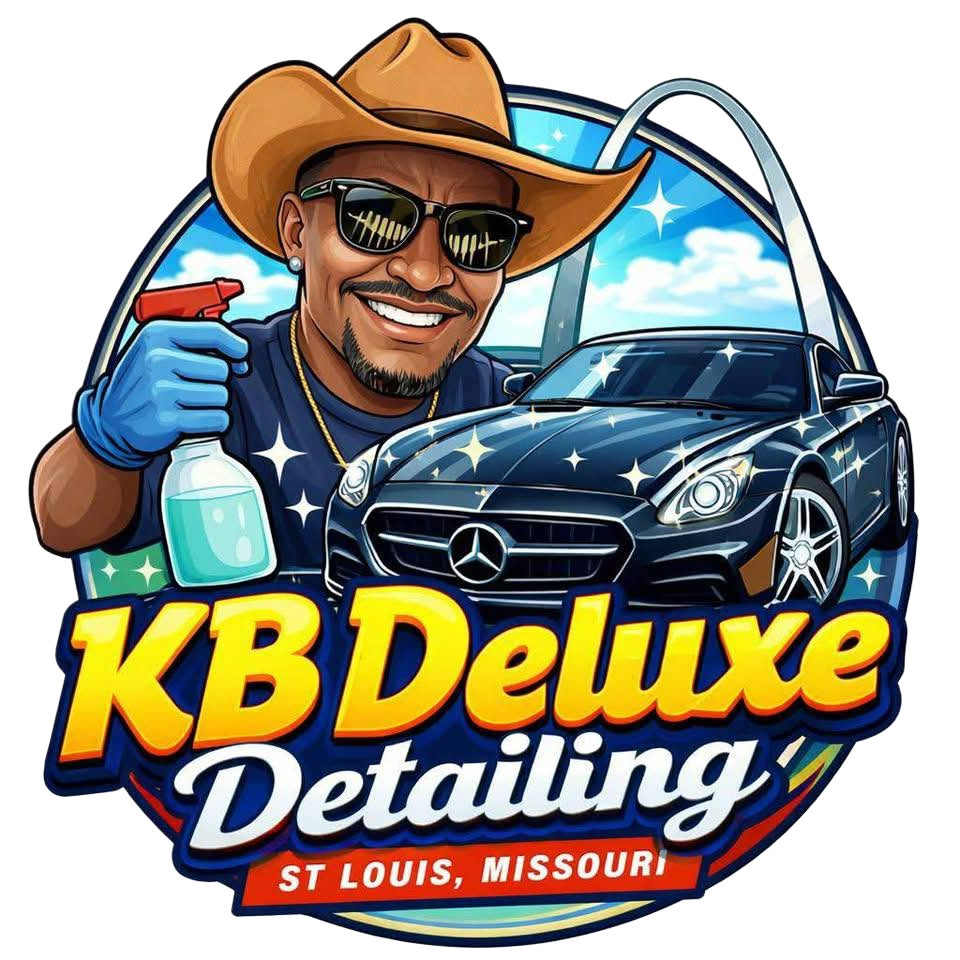 Logo for KBDeluxe Detailing, showing a cowboy-hatted detailer, spray bottle, and black Mercedes in St. Louis.
