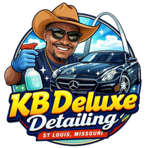 Logo for KBDeluxe Detailing, showing a cowboy-hatted detailer, spray bottle, and black Mercedes in St. Louis.