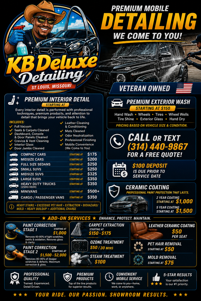 KB Deluxe Detailing promo flyer with cowboys, service lists, pricing, phone number, and blue-black design