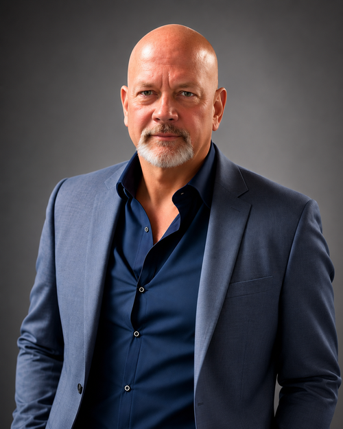 Portrait of a bald man in a black shirt and jacket against a white background