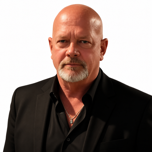 Portrait of a bald man in a black shirt and jacket against a white background