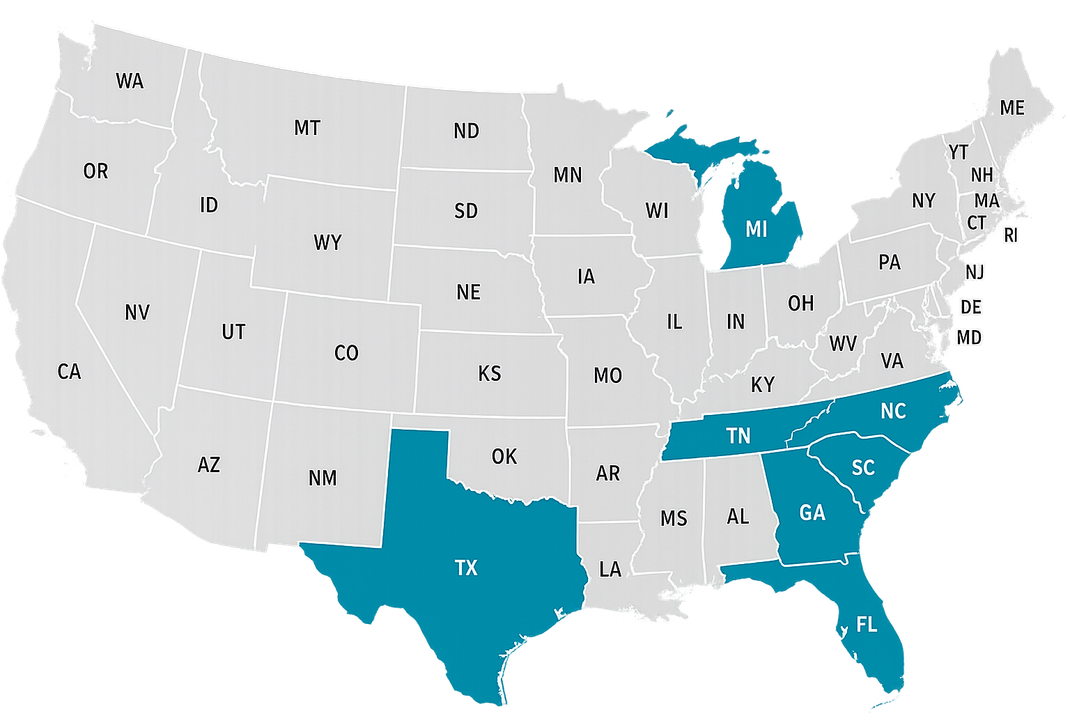 U.S. map with several states highlighted in teal and labeled with black dots
