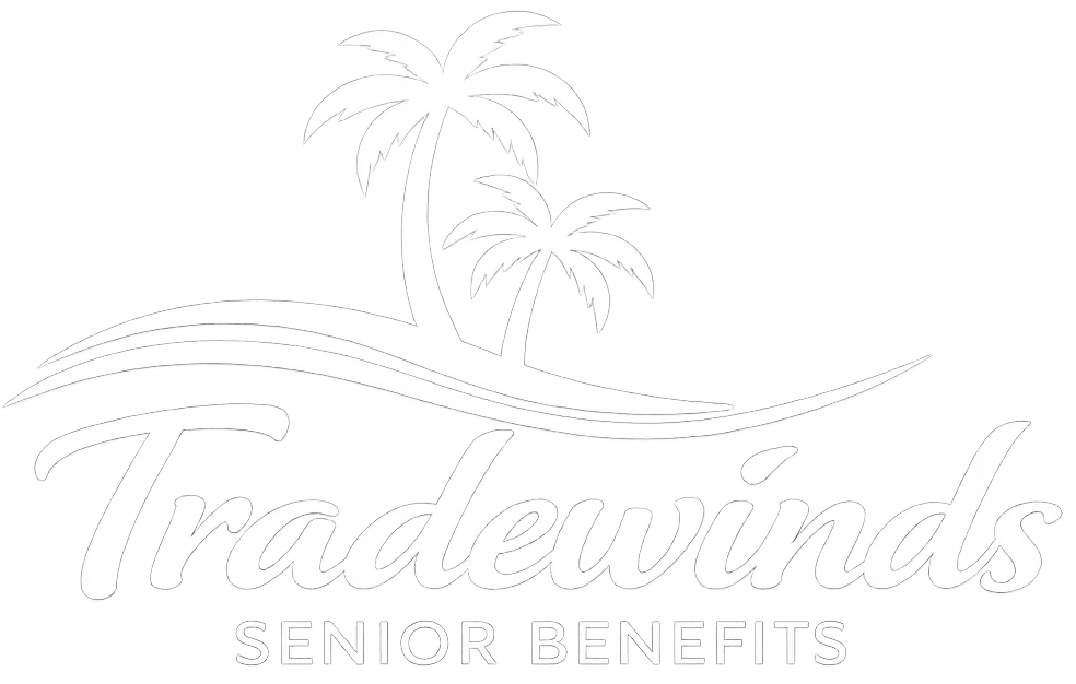 Tradewinds Senior Benefits logo with palm trees and wave lines in light gray text
