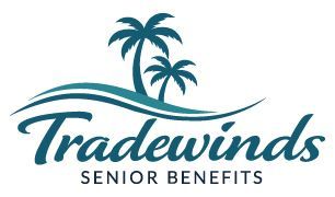 Tradewinds Senior Benefits logo with teal palm trees and wave over stylized text