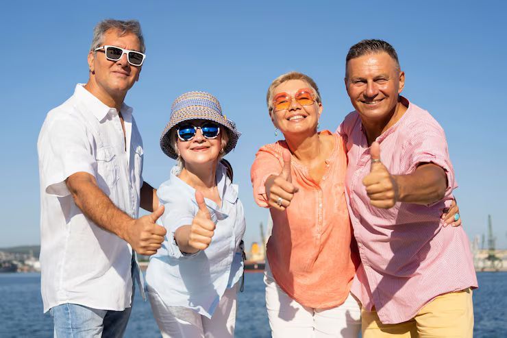Four friends smiling and giving thumbs-up on a sunny beach with blue water and sky