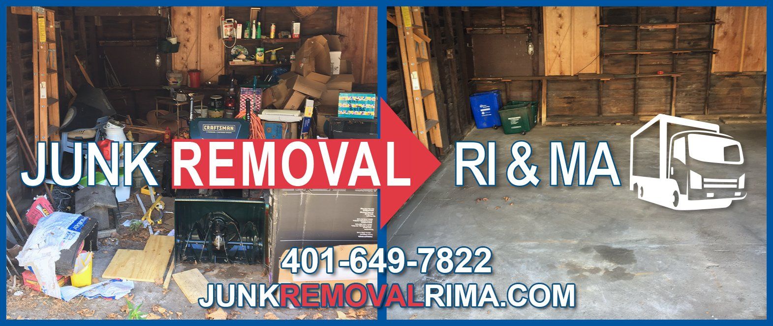 Before and after picture of a junk removal project from a garage in Pawtucket, Rhode Island