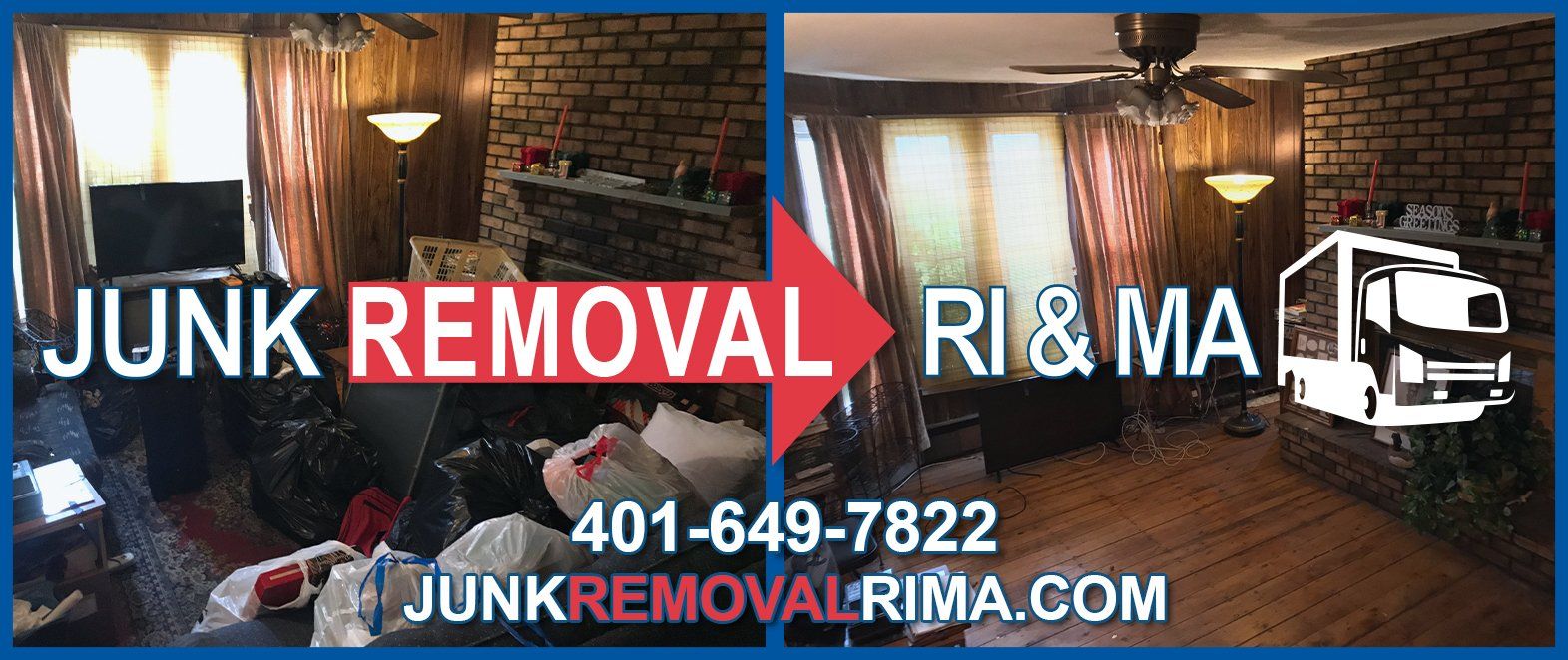 Before and after picture of a junk removal project from a home in Providence, Rhode Island