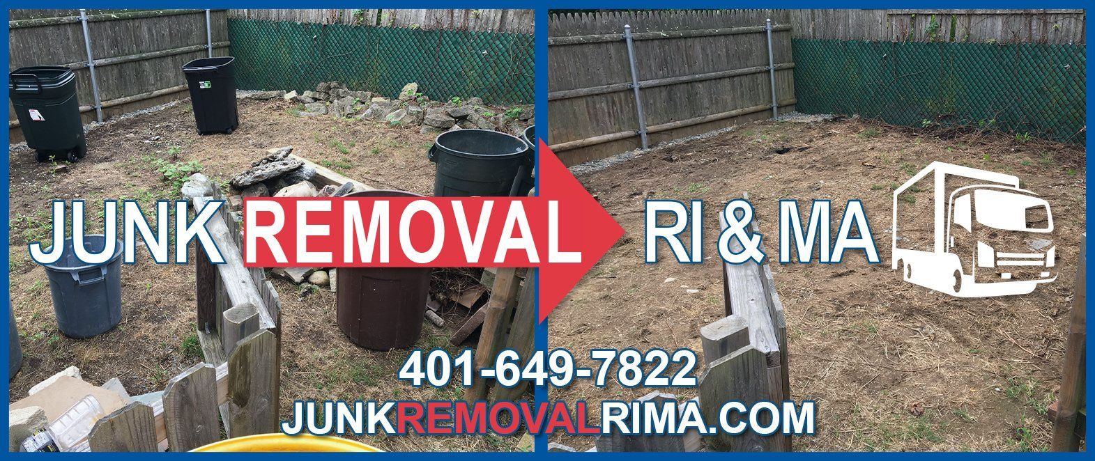 Before and after picture of a junk removal project from a backyard in Lincoln, Rhode Island by JunkRemovalRIMA.com