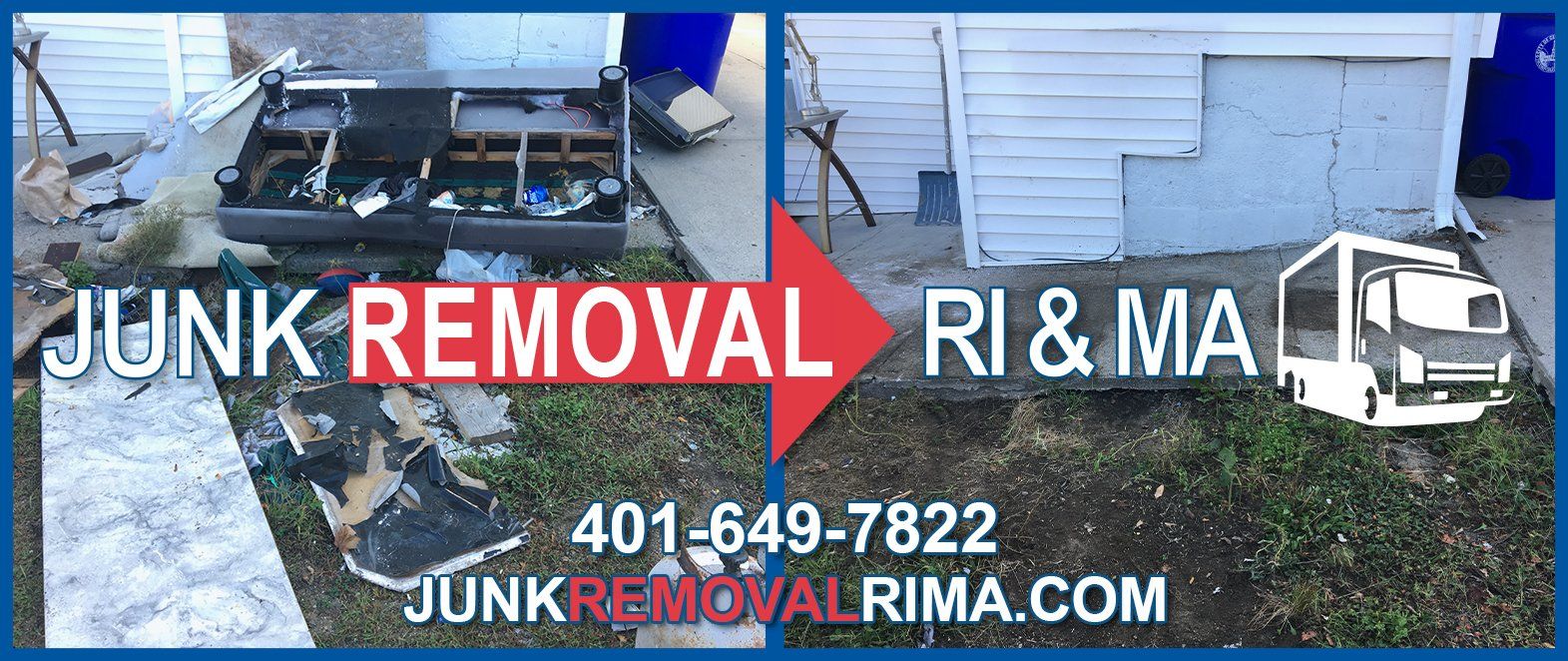 Before and after picture of a junk removal project from a backyard in Central Falls, Rhode Island by JunkRemovalRIMA.com