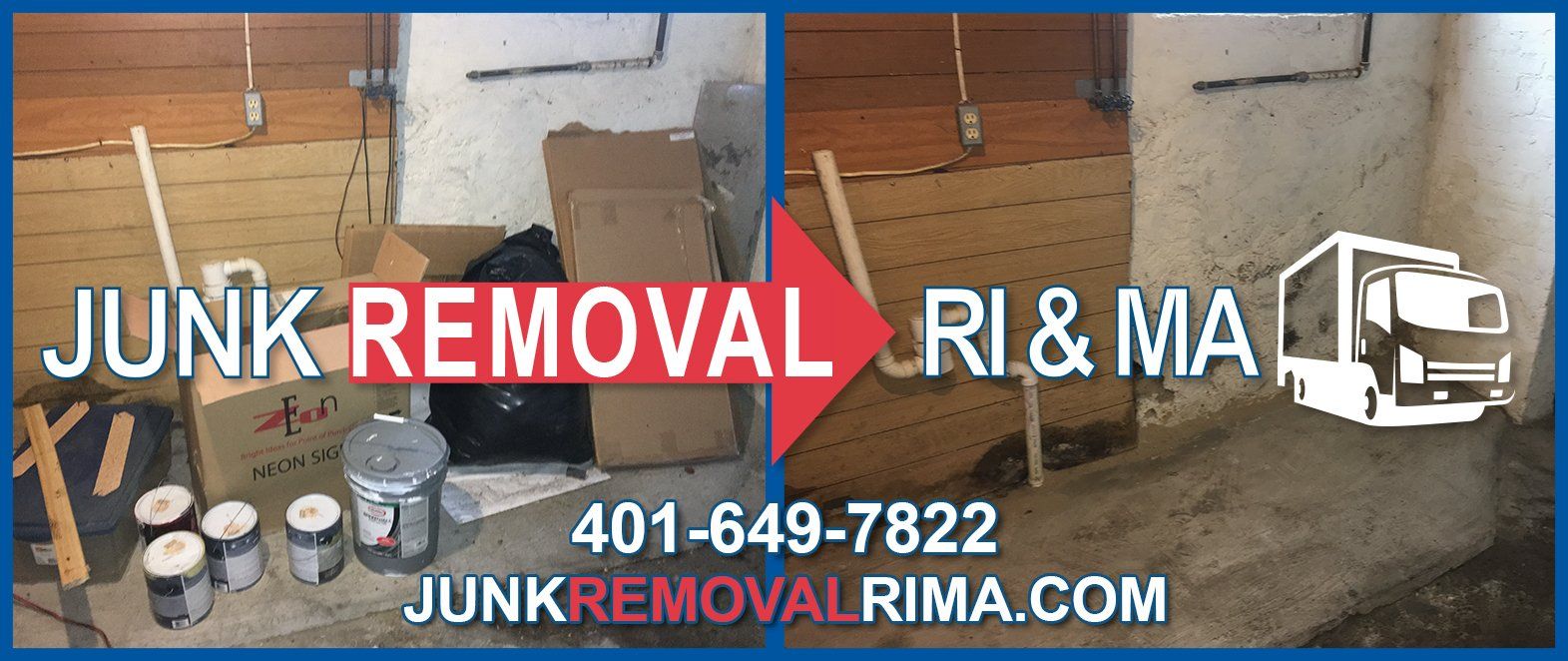 Before and after picture of a junk removal project frm a basement in Pawtucket, Rhode Island by JunkRemovalRIMA.com