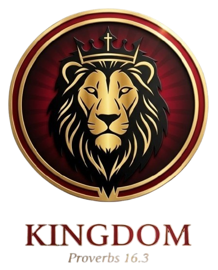 Golden lion head logo with a crown in a red circle above the word &ldquo;KINGDOM&rdquo; and &ldquo;Proverbs 16:3&rdquo;