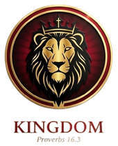 Golden lion head logo with a crown in a red circle above the word &ldquo;KINGDOM&rdquo; and &ldquo;Proverbs 16:3&rdquo;