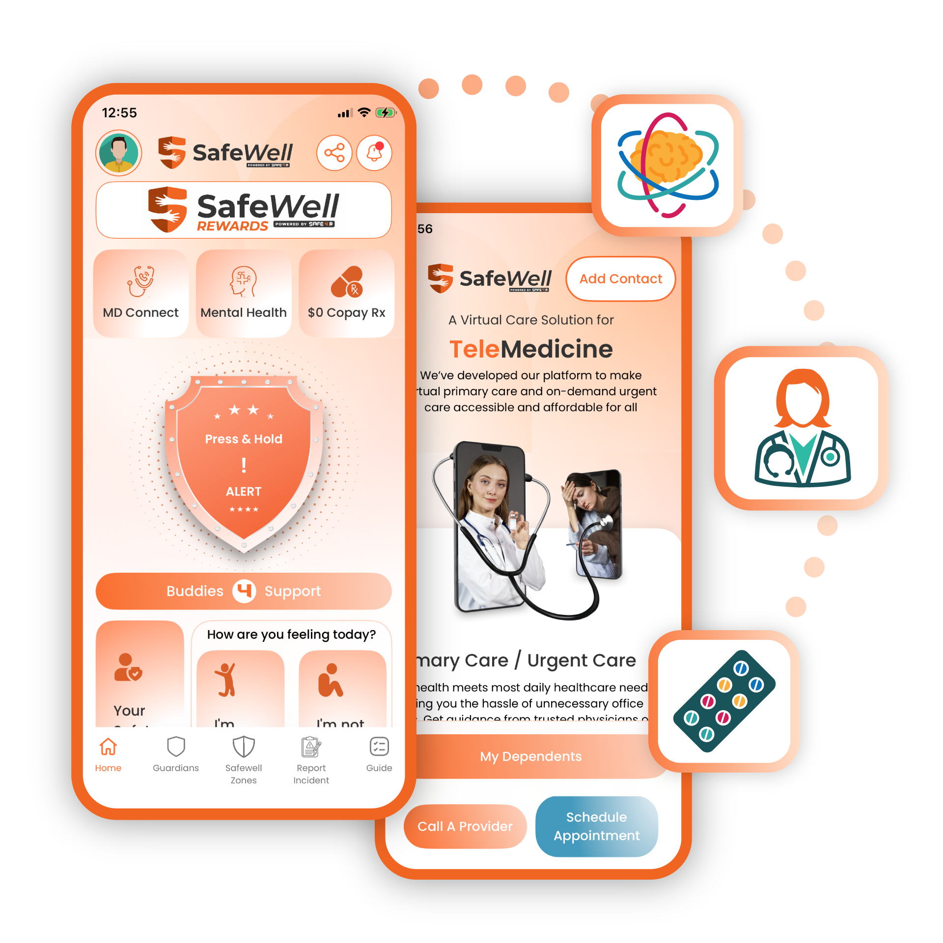 SafeWell Personal Safety and Essential Healthcare App Features
