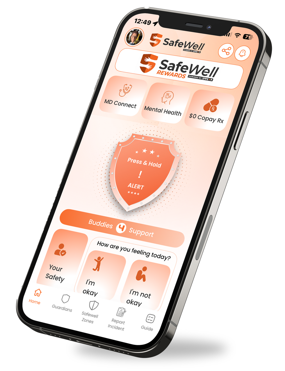 A cell phone with a safety app on the screen