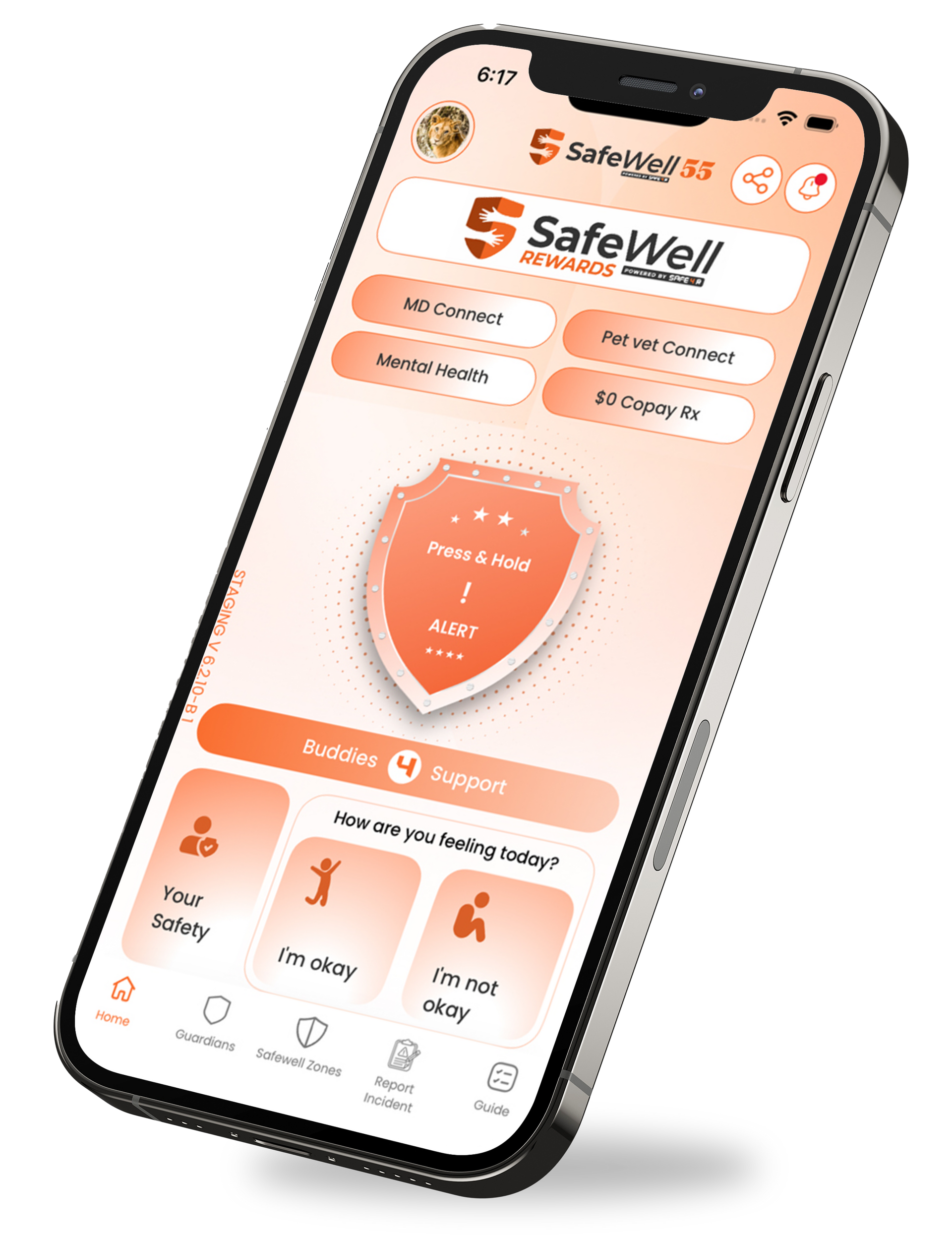 SafeWell55 App Dashboard with Telehealth, Counseling, Pet Telehealth, $0 Copay Rx