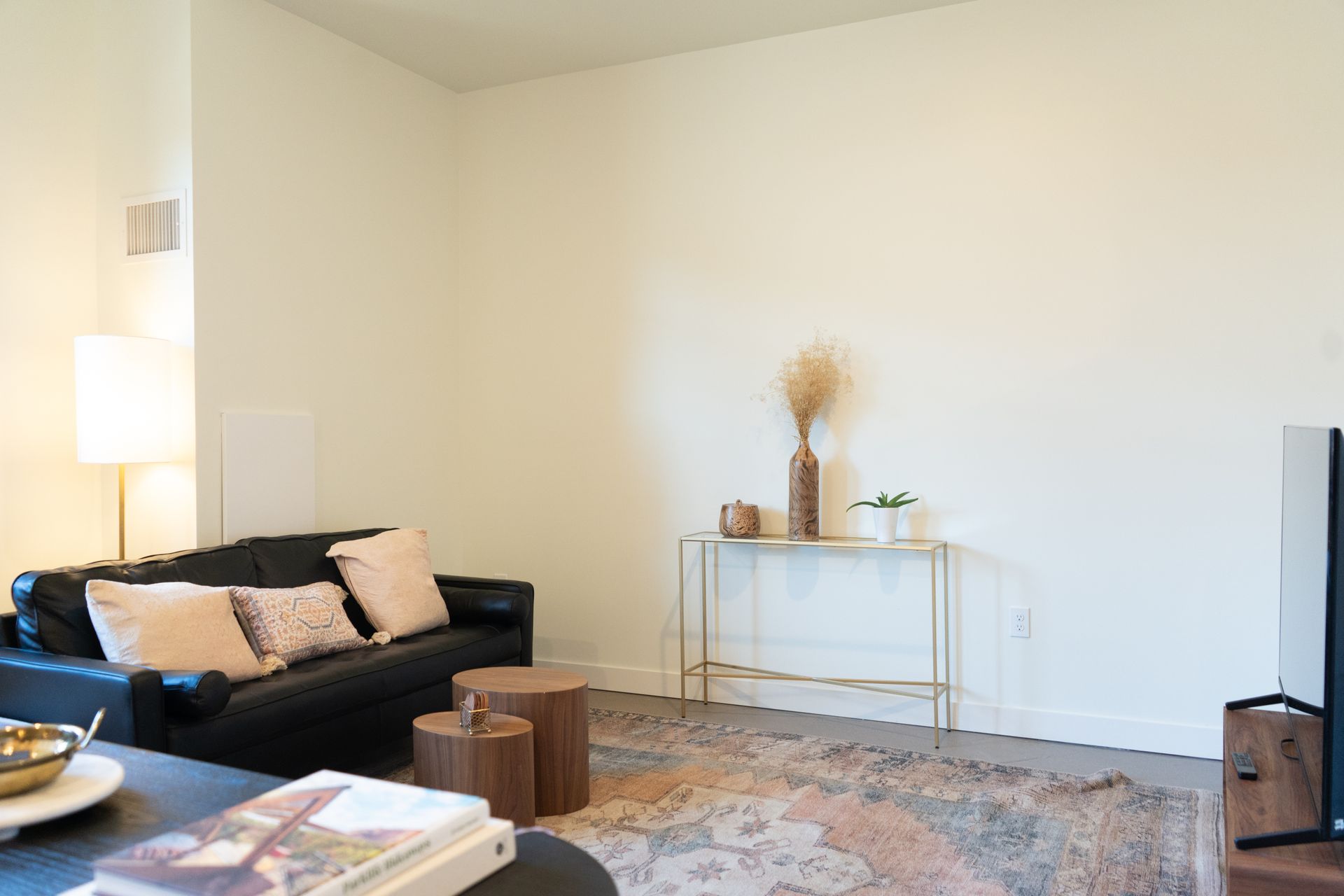 Living room with black sofa, gold side table with vase and plant, and a patterned rug.