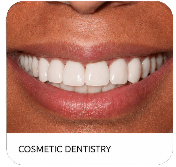 Smiling mouth with bright white teeth and the words “Cosmetic Dentistry” below.