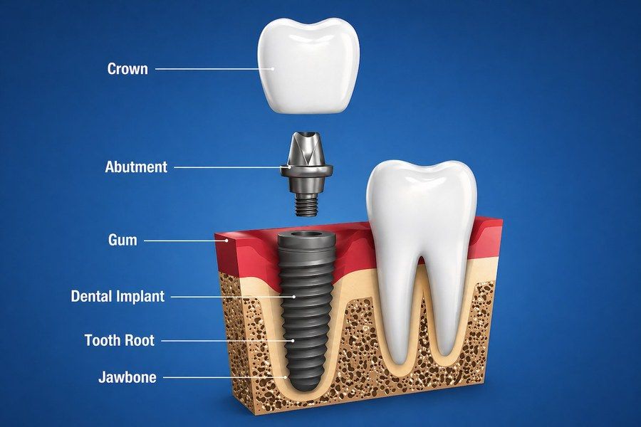 Dental implant diagram showing crown, abutment, gum, implant, tooth root, and jawbone labels