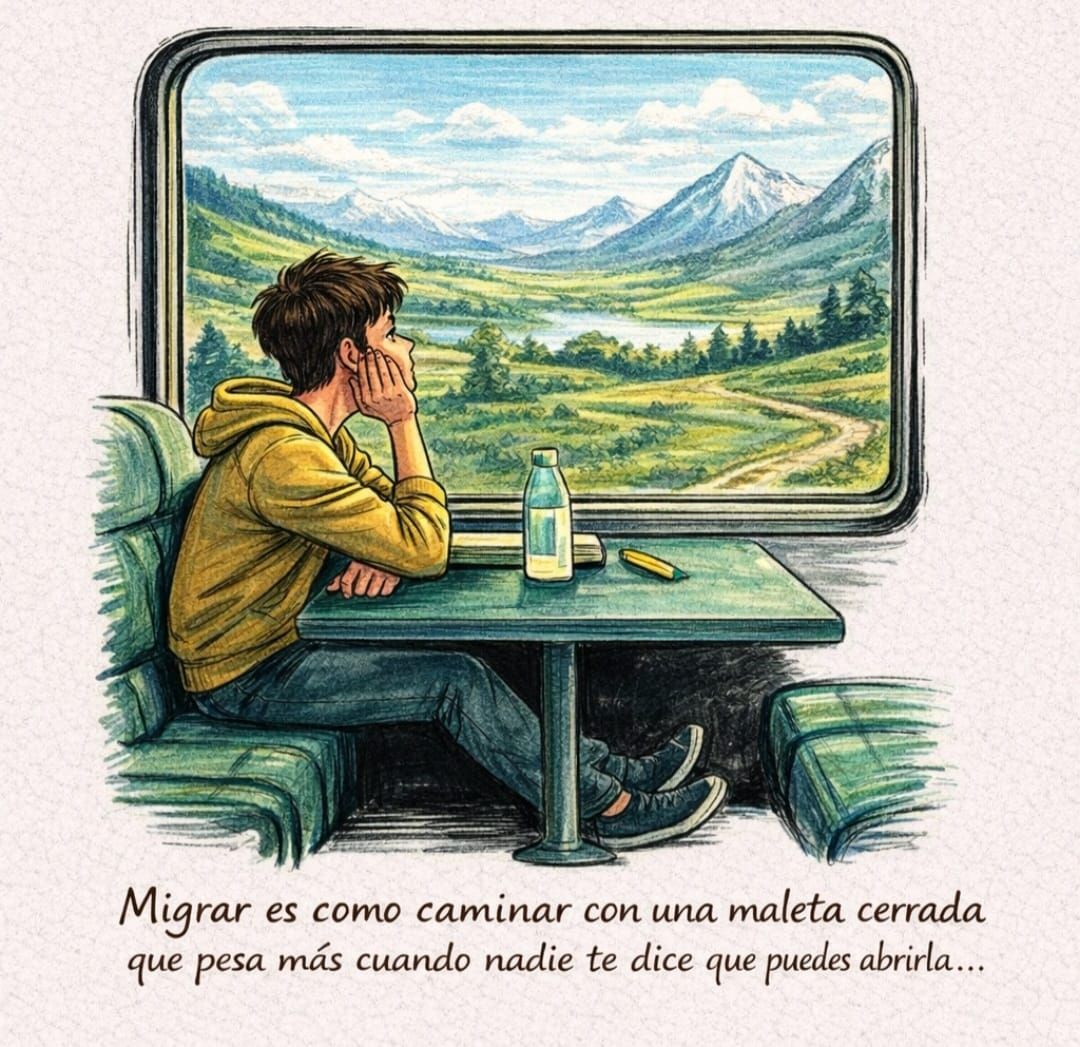 Person looking out train window at scenic landscape. Text: