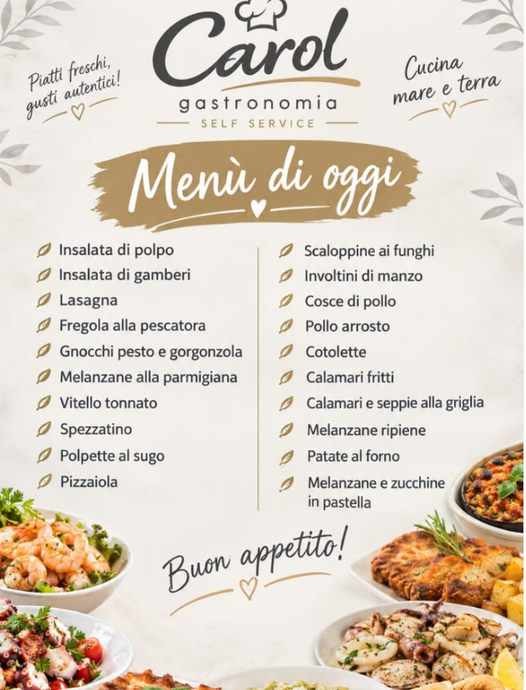 Menu «Carol gastronomia» con i piatti del giorno su sfondo chiaro, con foto di pasta e pesce.