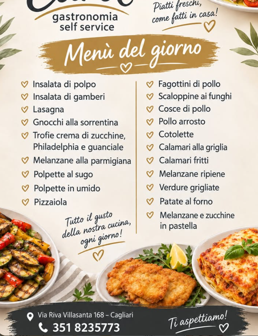 Locandina del menu di un ristorante italiano con piatti del giorno, pizze e foto di cibo su uno sfondo beige.