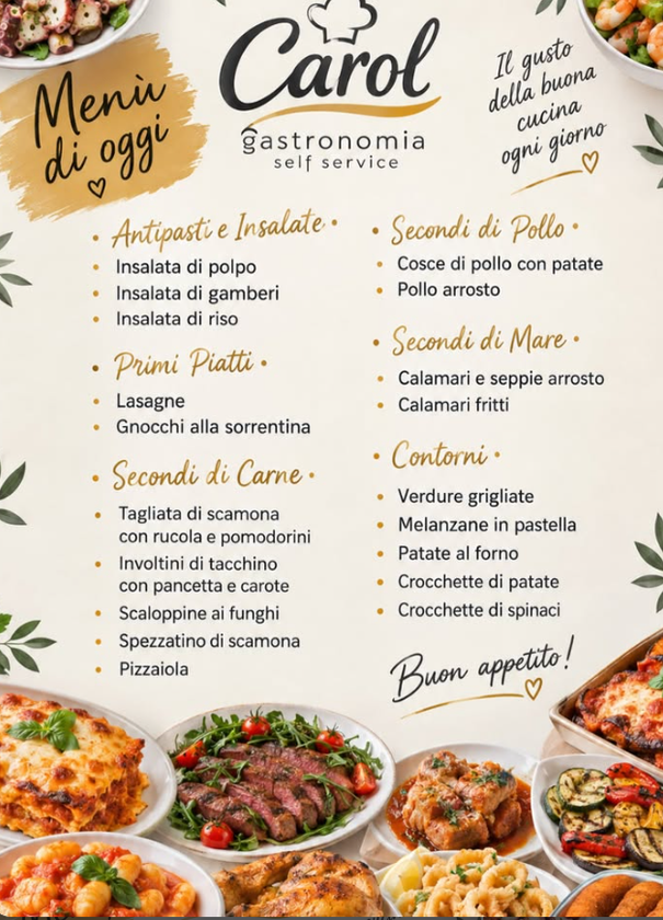 Lavagna del menu del ristorante italiano Carol, con antipasti, primi, secondi, contorni e dolci su sfondo beige