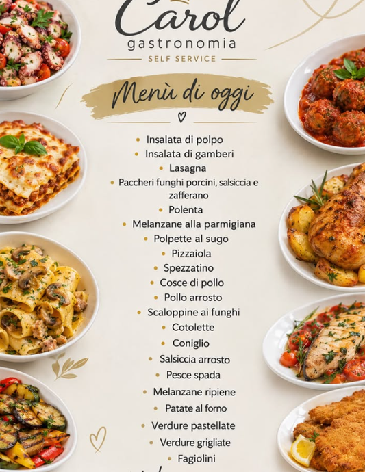 Menù italiano di oggi, con piatti illustrati e un elenco di specialità su sfondo beige.