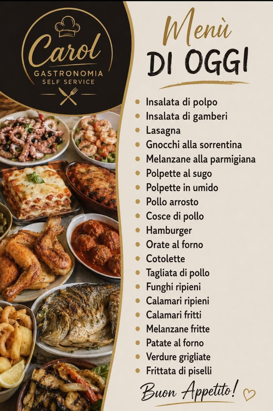 Menu «Carol gastronomia» con i piatti del giorno su sfondo chiaro, con foto di pasta e pesce.