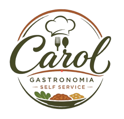 Logo per Carob Gastronomia self-service con cappello da chef, forchetta, cucchiaio e foglia, nei toni del marrone e del verde