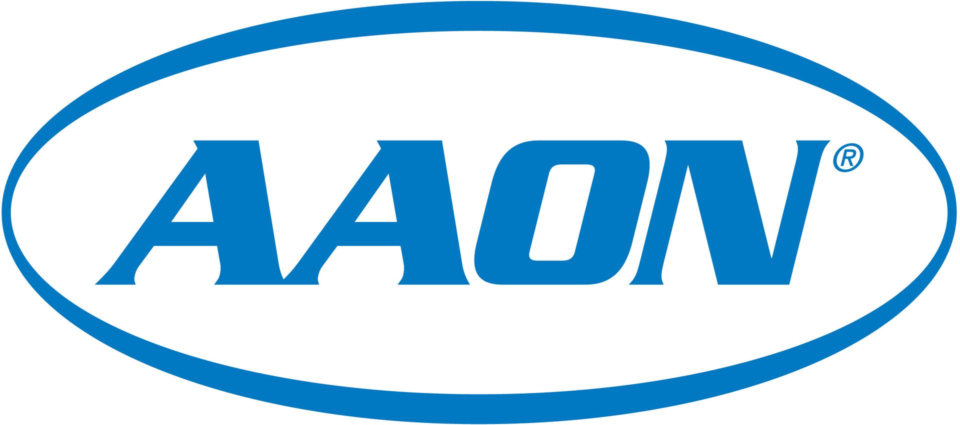 AAON logo in blue text inside an oval blue outline on a white background