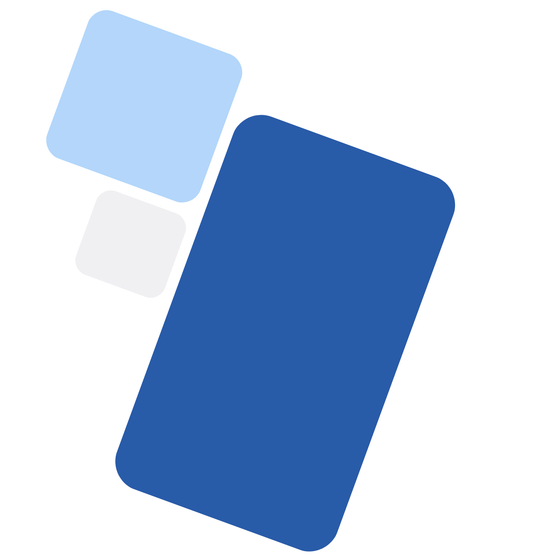 Abstract logo with three tilted rounded squares in blue, light blue, and white on a white background